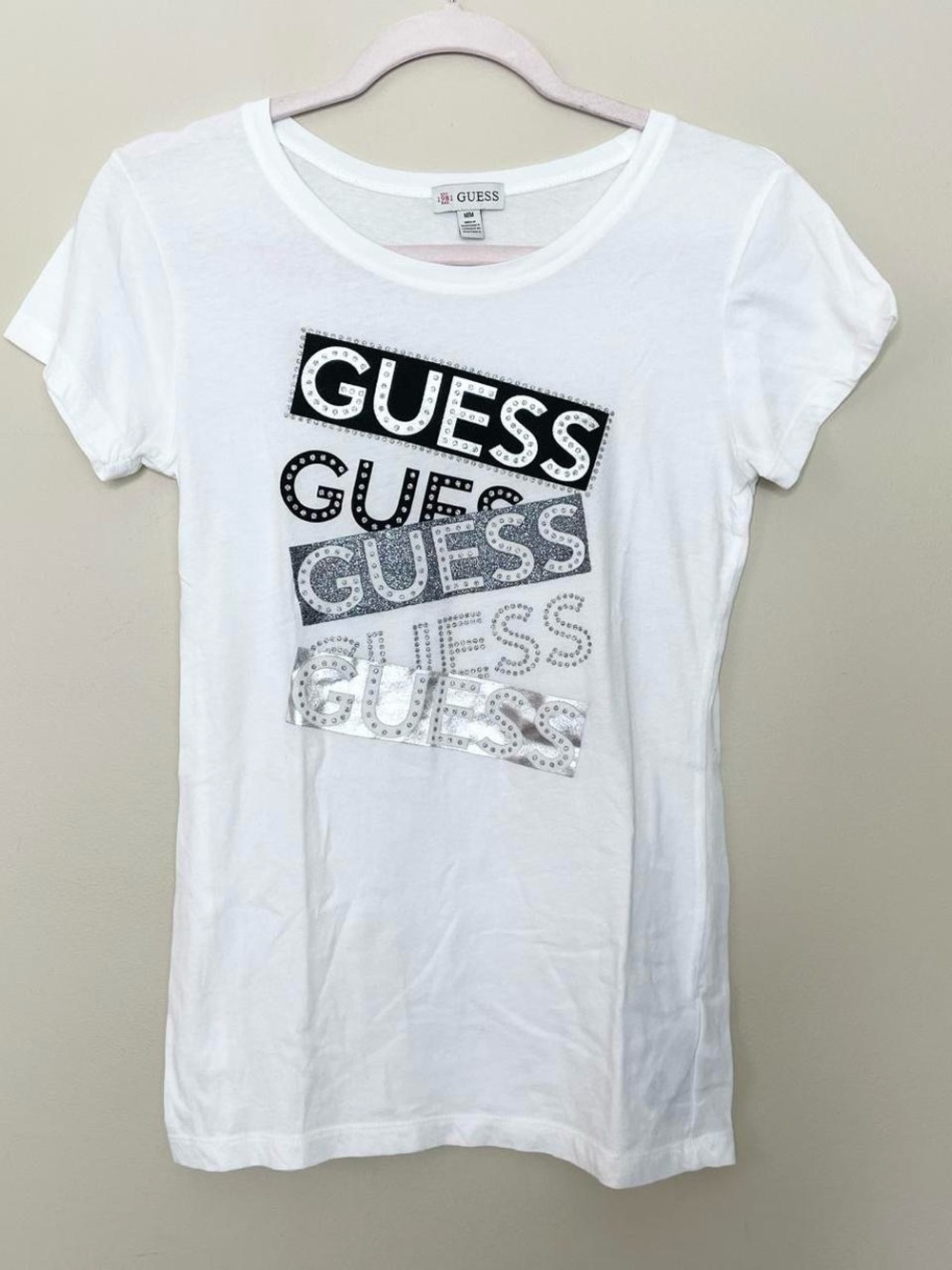 Guess White Short Sleeve Tee with Black and Silver Logo Panels
